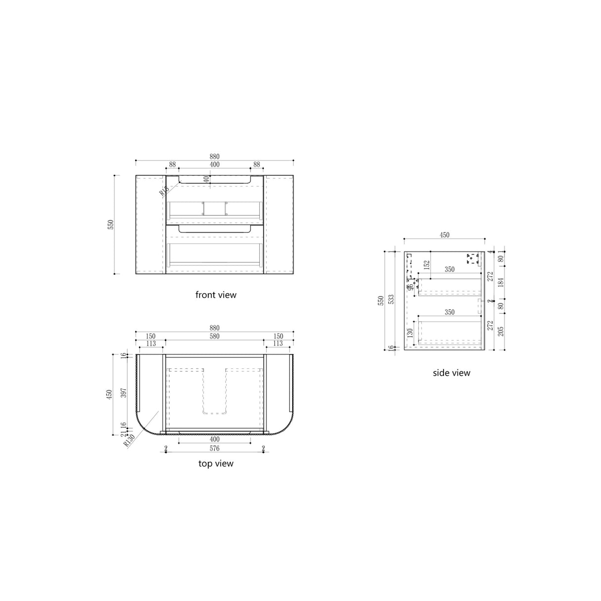 Technical drawing with dimensions of a rectangular object from three views.