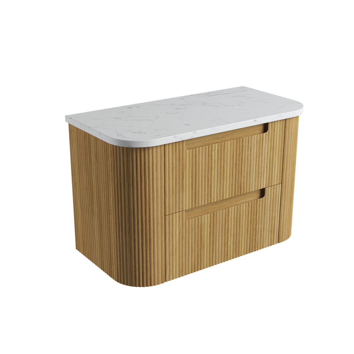 Wooden vanity with white countertop on a white background