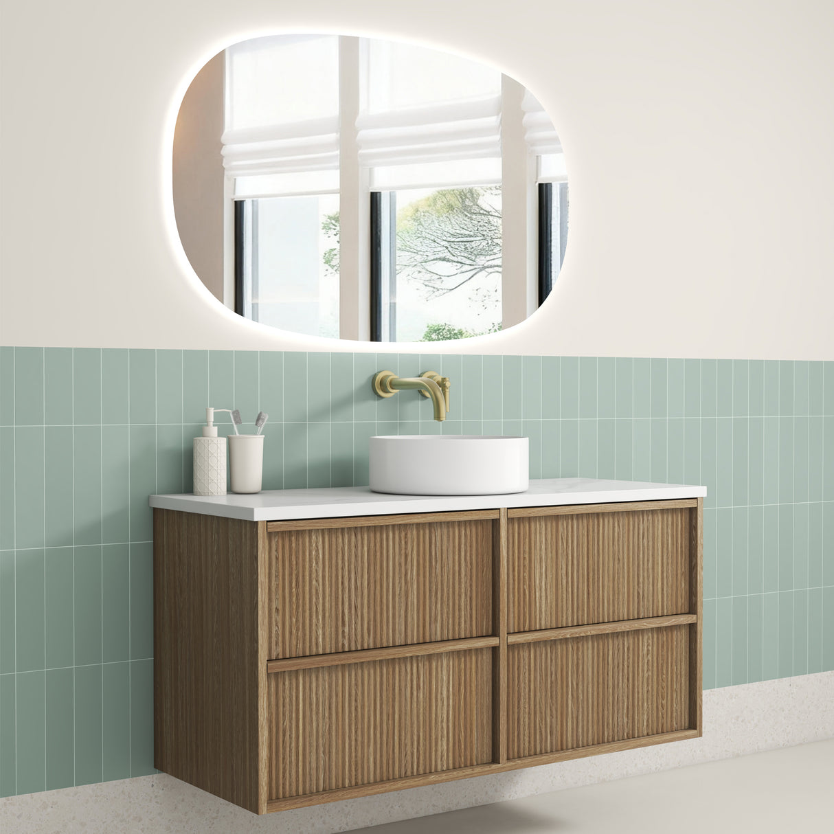 Venetta 1200mm Harvest Oak Wall Hung Vanity - Fluted Framed side view
