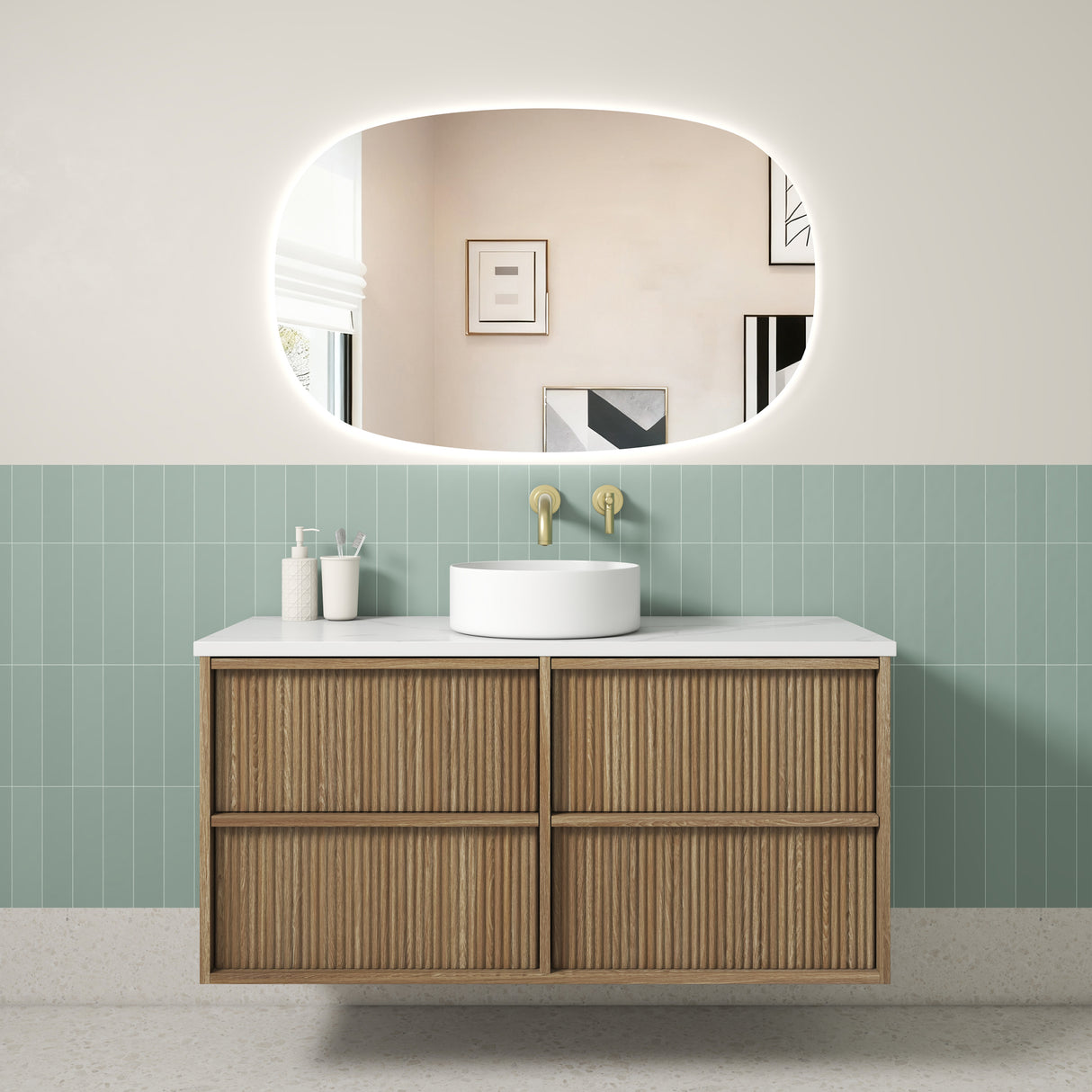 Venetta 1200mm Harvest Oak Wall Hung Vanity - Fluted Framed front view
