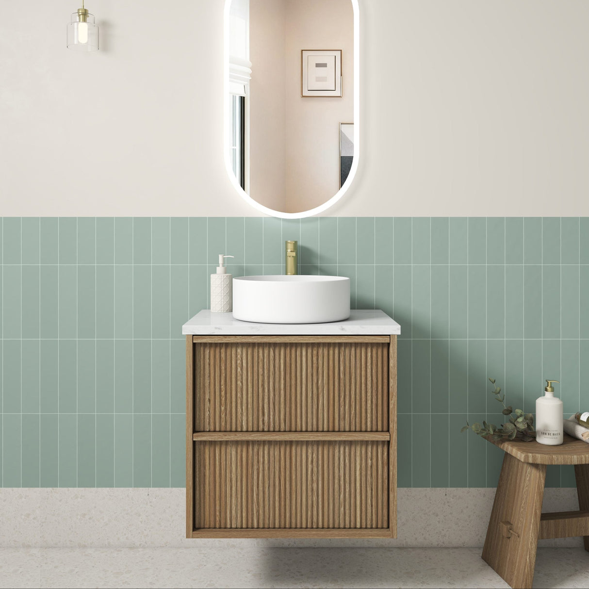 Venetta 600mm Harvest Oak Wall Hung Vanity - Fluted Framed front view