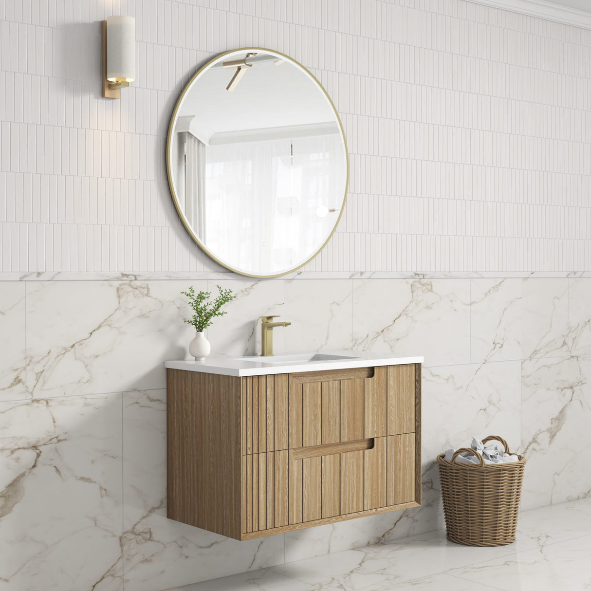 Voulari 900mm Harvest Oak Wall Hung Vanity - Framed side view