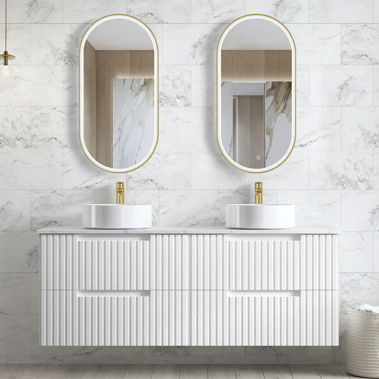 gold framed mirror and wall hung Noosa Vanity 1500mm - Matte White