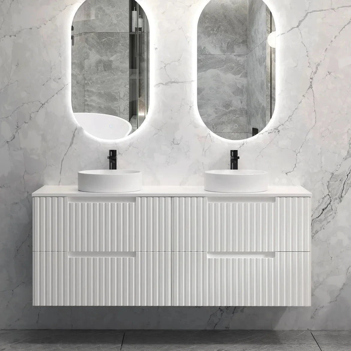 frameless mirror and wall hung Noosa Vanity 1500mm - Matte White
