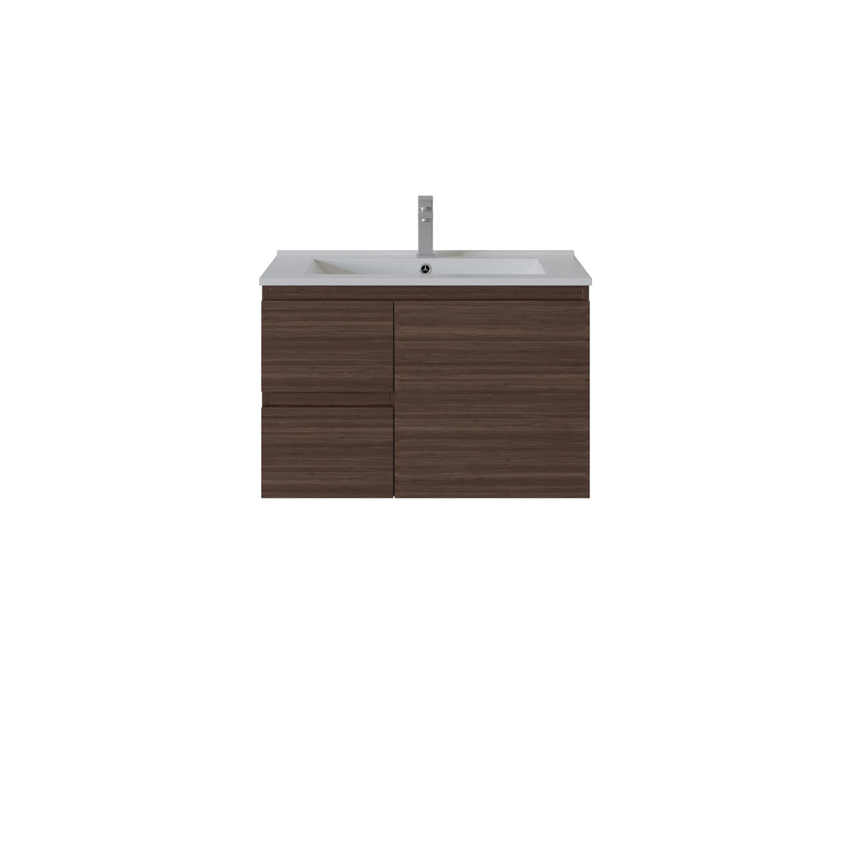 A modern wall-mounted bathroom vanity with a dark brown wood-grain cabinet, a white integrated sink, and a tall chrome faucet, shown against a plain white background.