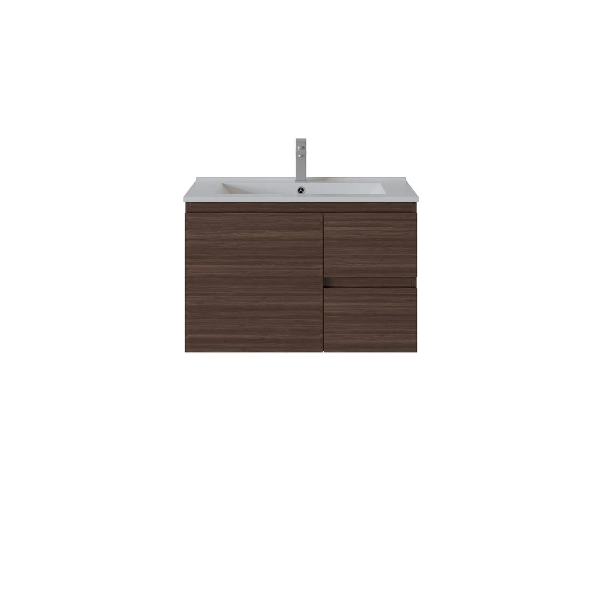 A modern wall-mounted bathroom vanity with a dark brown wood-grain cabinet, a white integrated sink basin, and a tall chrome faucet, shown against a plain white background.