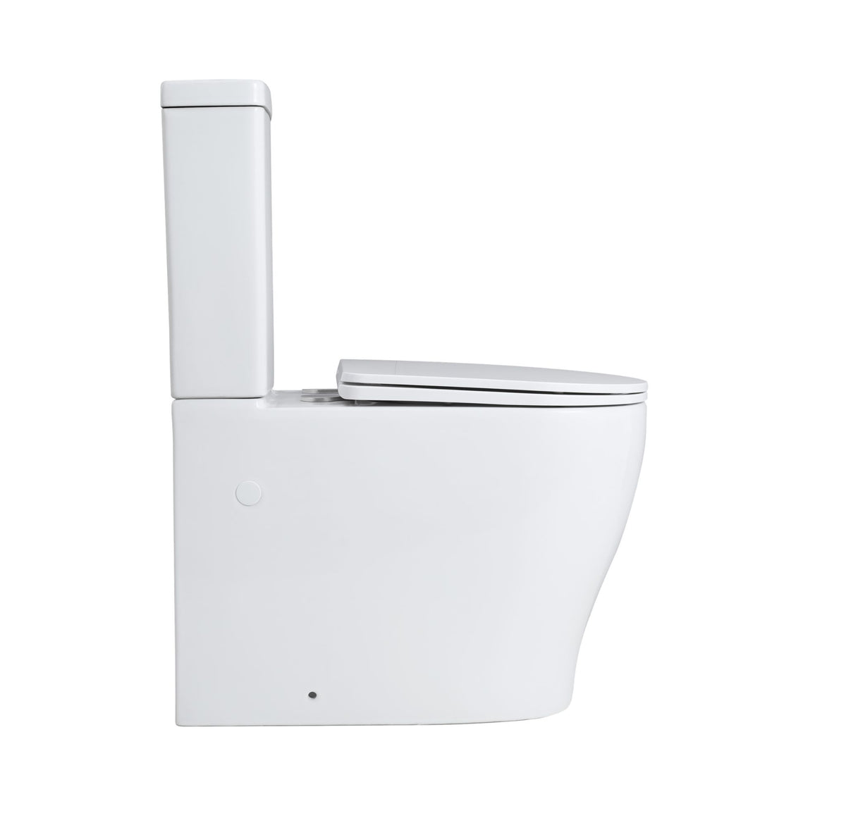 A modern white wall-mounted toilet with a closed seat and a tall, rectangular tank, shown from a side profile view against a solid white background.