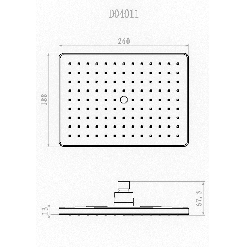 AVA Rain Shower Head in Rectangle 260 x 188mm specific drawing