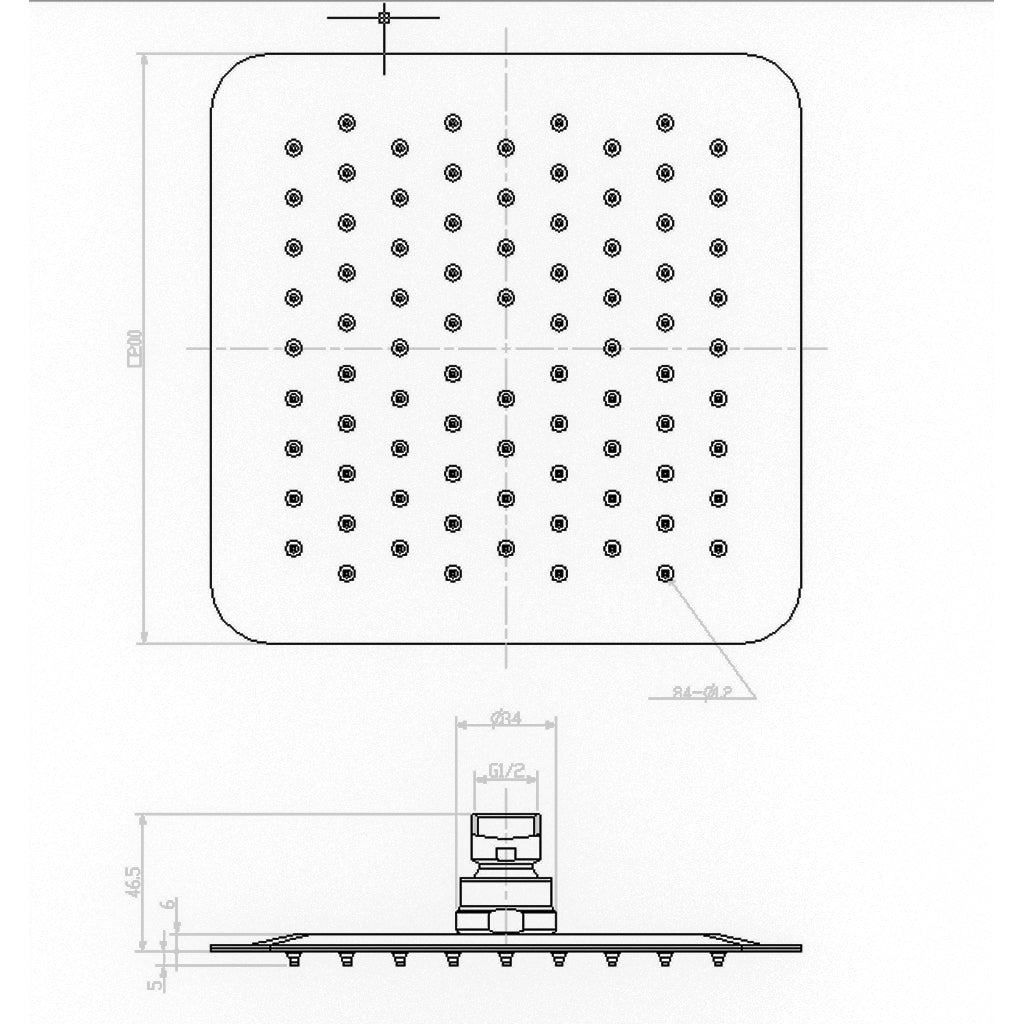 AVA Rain Shower Head in Stainless Steel Square 200x200mm drawing specification
