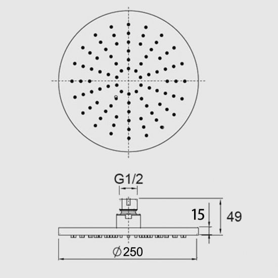 Pentro 250mm Brass Round Rainfall Shower Head drawing details