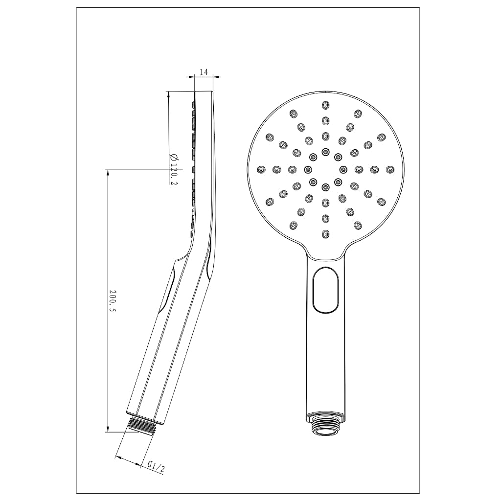 AVA Hand Shower Head in Modern Round with 3 functions drawing specification