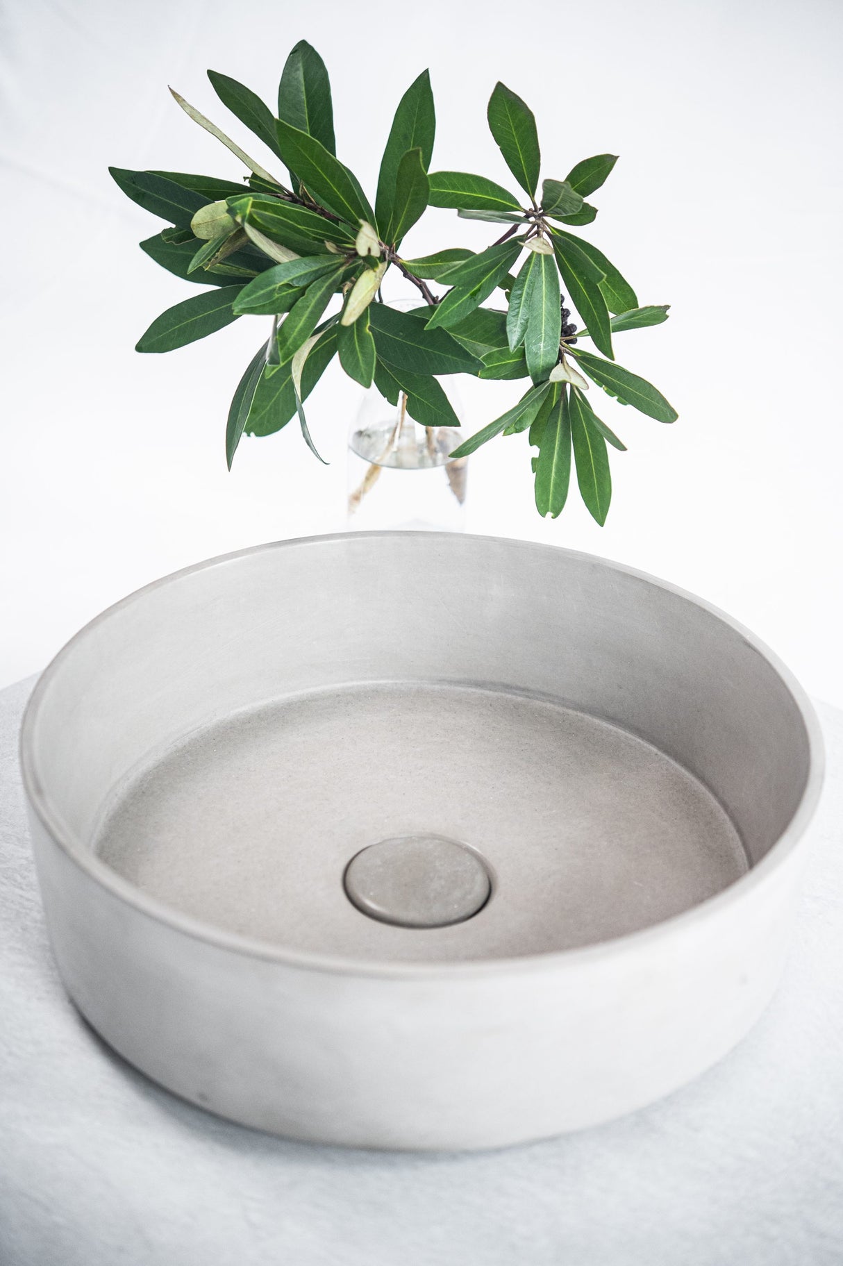ARLO Round Concrete Basin in Concrete, paired with a fresh green branch in a glass vase, showcasing its natural matte finish and minimalist design, perfect for enhancing a modern bathroom with a touch of organic elegance.
