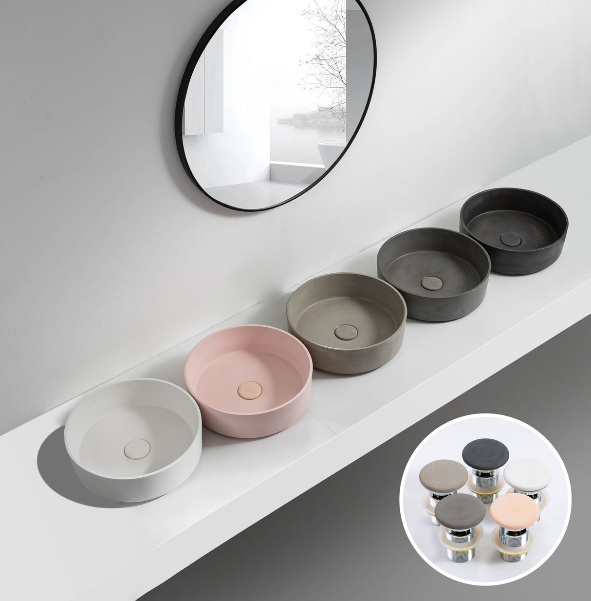ARLO Round Concrete Basin collection showcasing a range of minimalist basins in various colors, including white, pink, light gray, dark gray, and charcoal, paired with matching concrete pop-up wastes, perfect for contemporary bathroom designs.