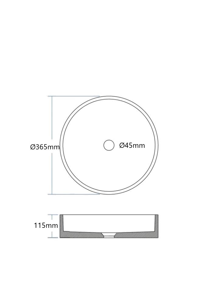 top and side view drawing of ARLO Round Concrete basin 365mm