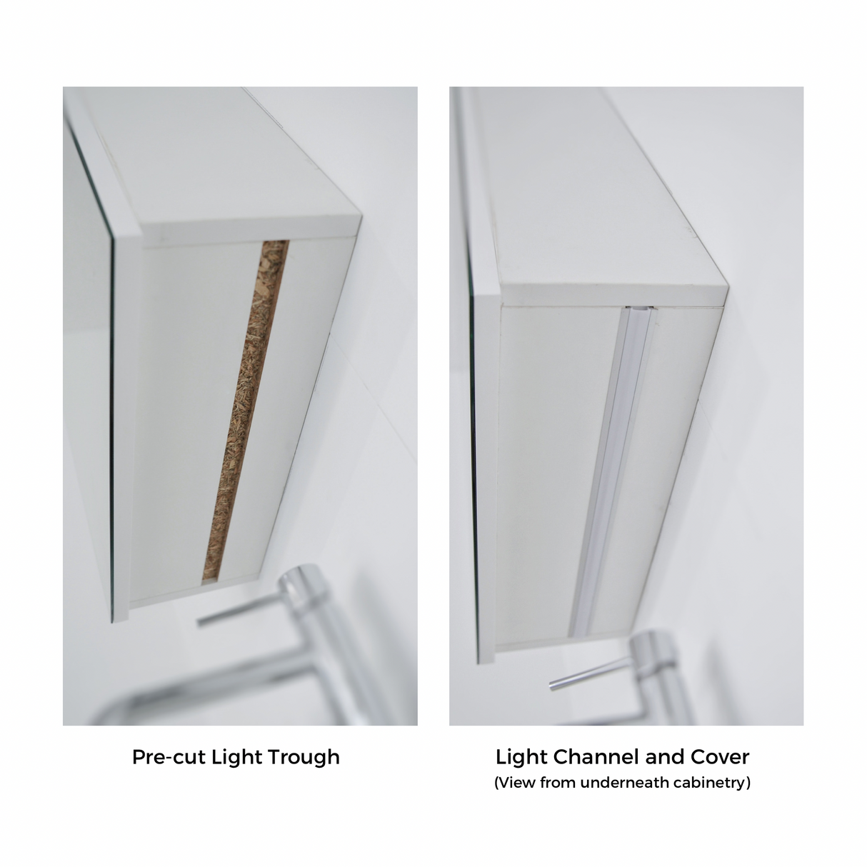 Side-by-side comparison of a pre-cut light trough and a completed light channel with cover, viewed from underneath cabinetry. The left image shows the exposed interior of the light trough, while the right image displays the finished light channel with a clean, sleek cover installed.