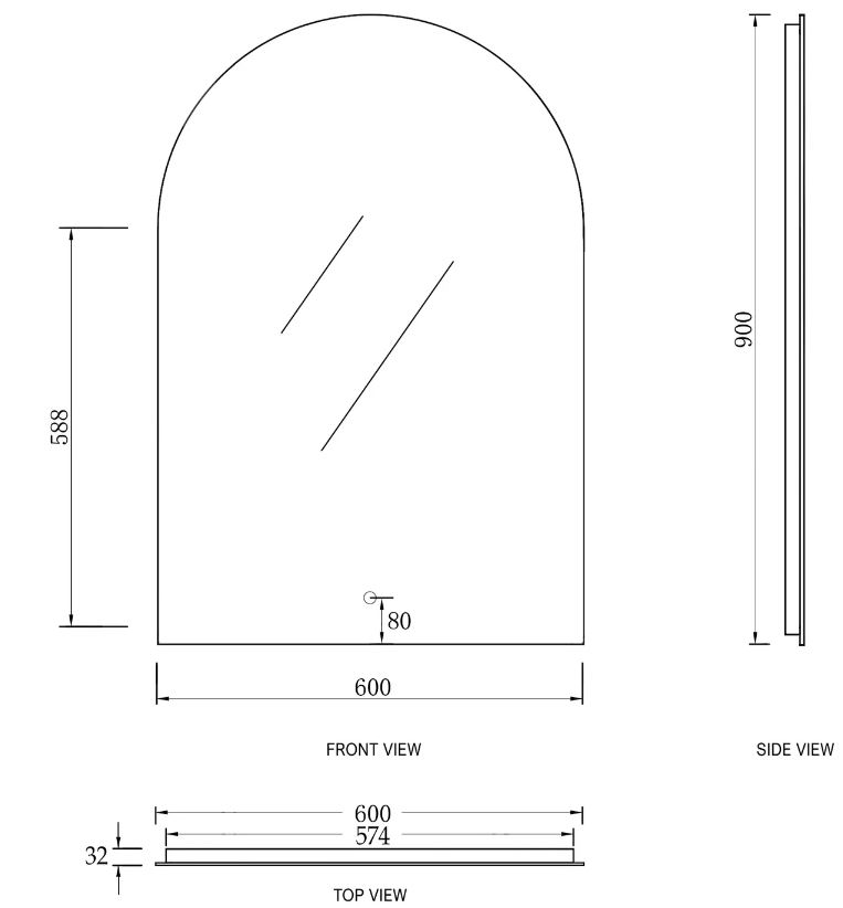 Front, side, and top view of Archie LED Mirror LED AR9060 DRAWING