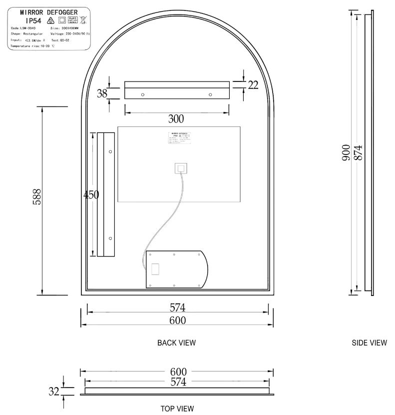 back, side, and top view of Archie LED Mirror LED AR9060 DRAWING