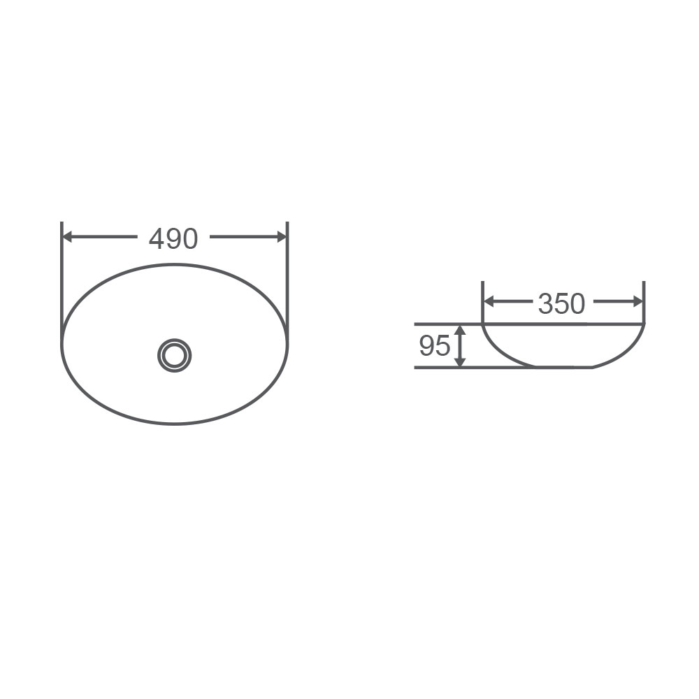 Boat Counter Top Basin 490mm - White drawing details
