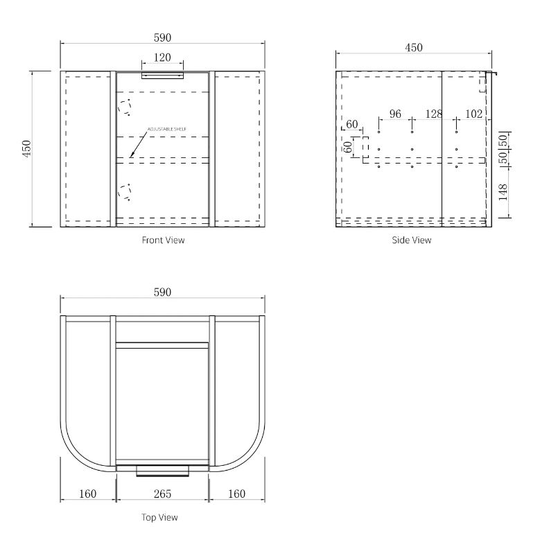 Bondi Wall Hung Vanity Curve 600mm – Natural Oak drawing