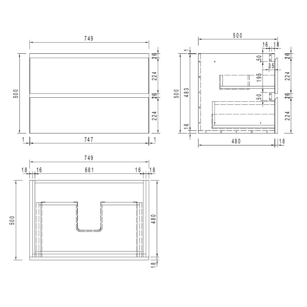 Mirage Vanity 750mm - Black drawing details