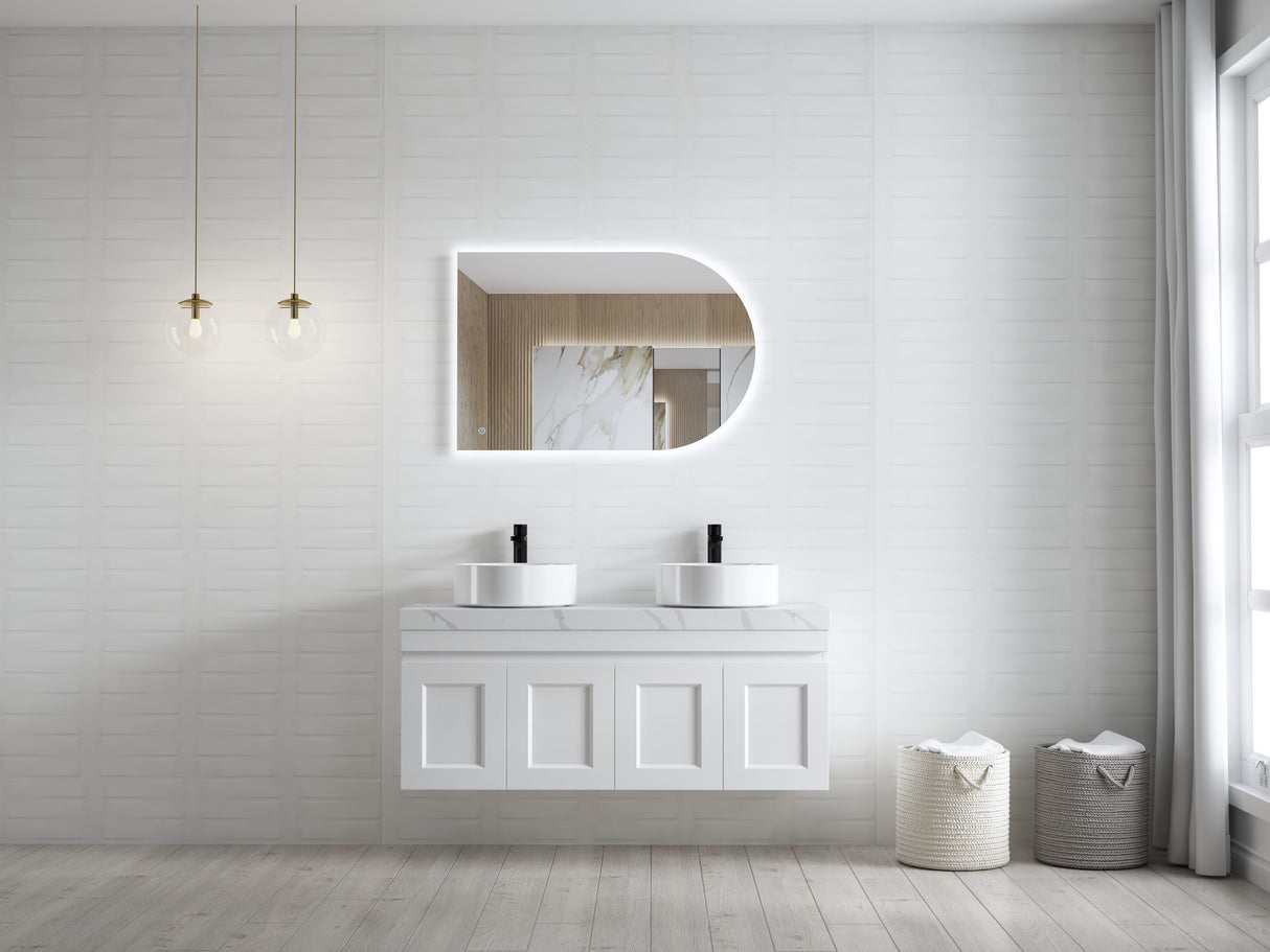 Bathroom with white tiles, mirror and wall hung Hampton MKII Vanity 1200mm - Matte White
