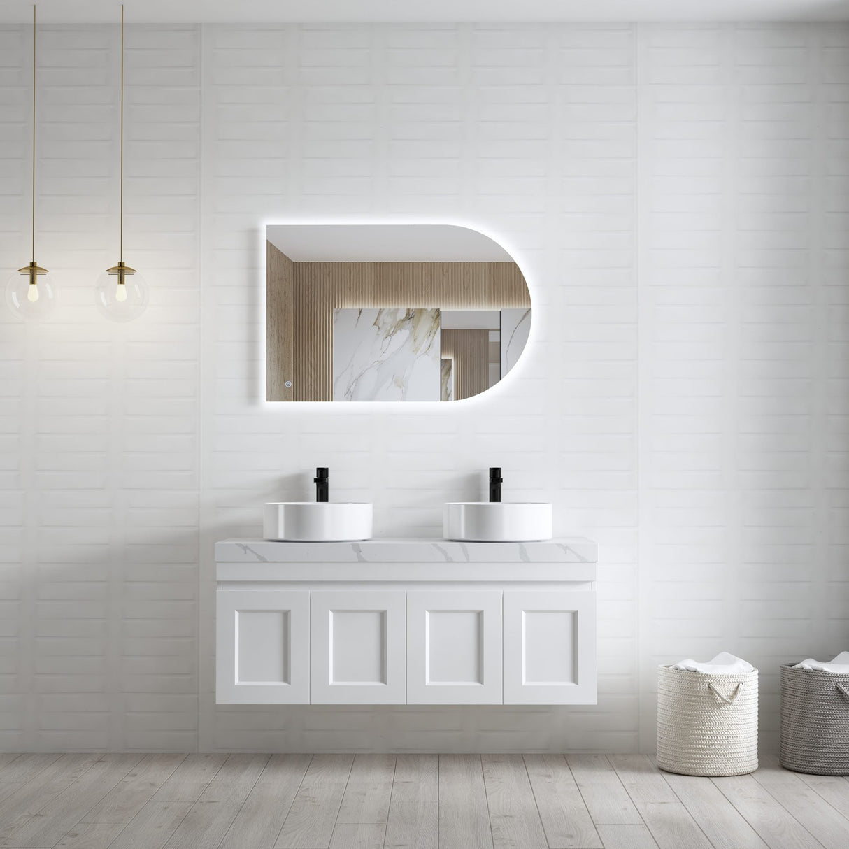 Bathroom with white tiles, mirror and wall hung Hampton MKII Vanity 1200mm - Matte White