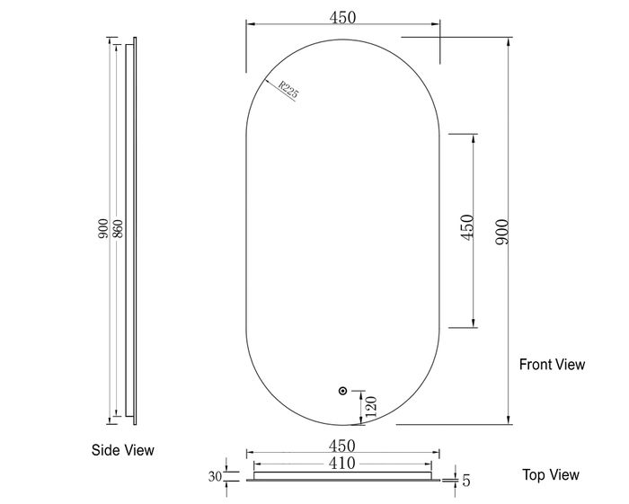 Noosa Frameless LED Mirror drawing front view