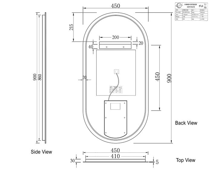 Noosa Frameless LED Mirror drawing back view