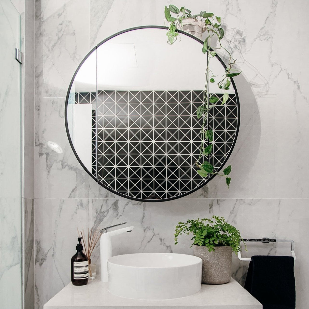 Bathroom with installed Mirage Round Mirror Shaving Cabinet 800mm - Black Frame front view