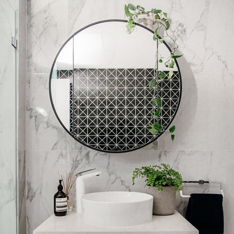 Bathroom with installed Mirage Round Mirror Shaving Cabinet 800mm - Black Frame front view