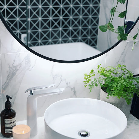 bathroom focus on basin and Mirage Round Mirror Shaving Cabinet 1000mm - Black Frame