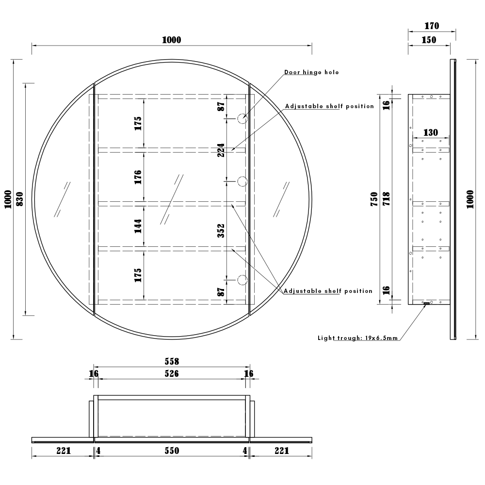 Mirage Round Mirror Shaving Cabinet 1000mm - Black Frame drawing