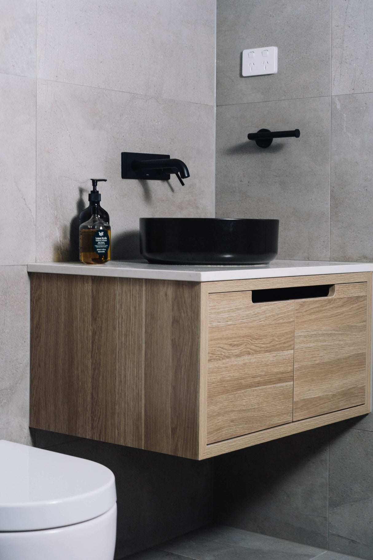 Kaia Wall Hung Vanity 750mm - Light Oak and black basin