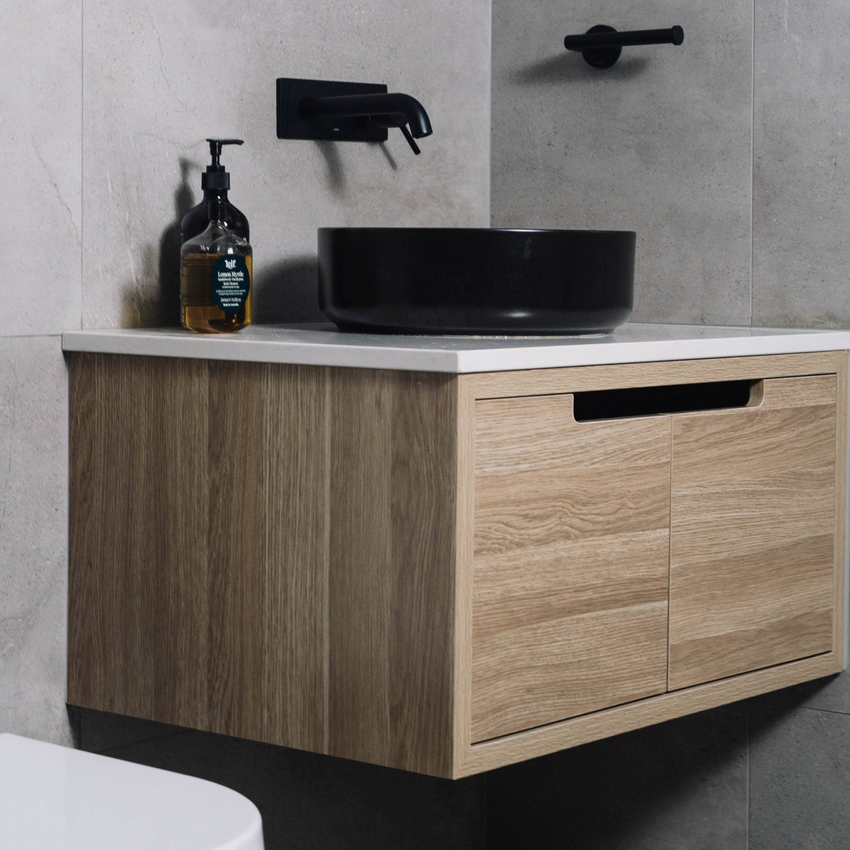 Kaia Wall Hung Vanity 750mm - Light Oak and black basin