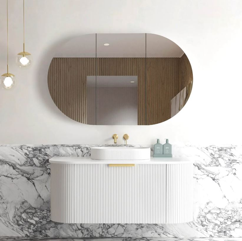 Bathroom with shaving cabinet and Bondi Wall Hung Fluted Vanity Curve 1200mm - White
