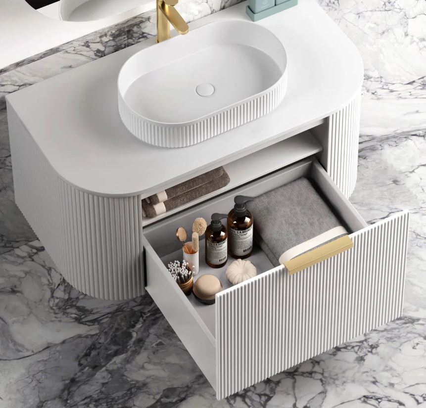 Top view of open Bondi Wall Hung Fluted Vanity Curve 1200mm - White