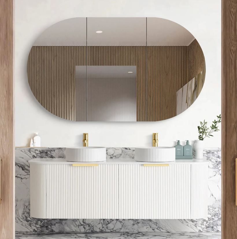 Bathroom with installed shaving cabinet and Bondi Wall Hung Fluted Vanity Curve 1500mm - White front view