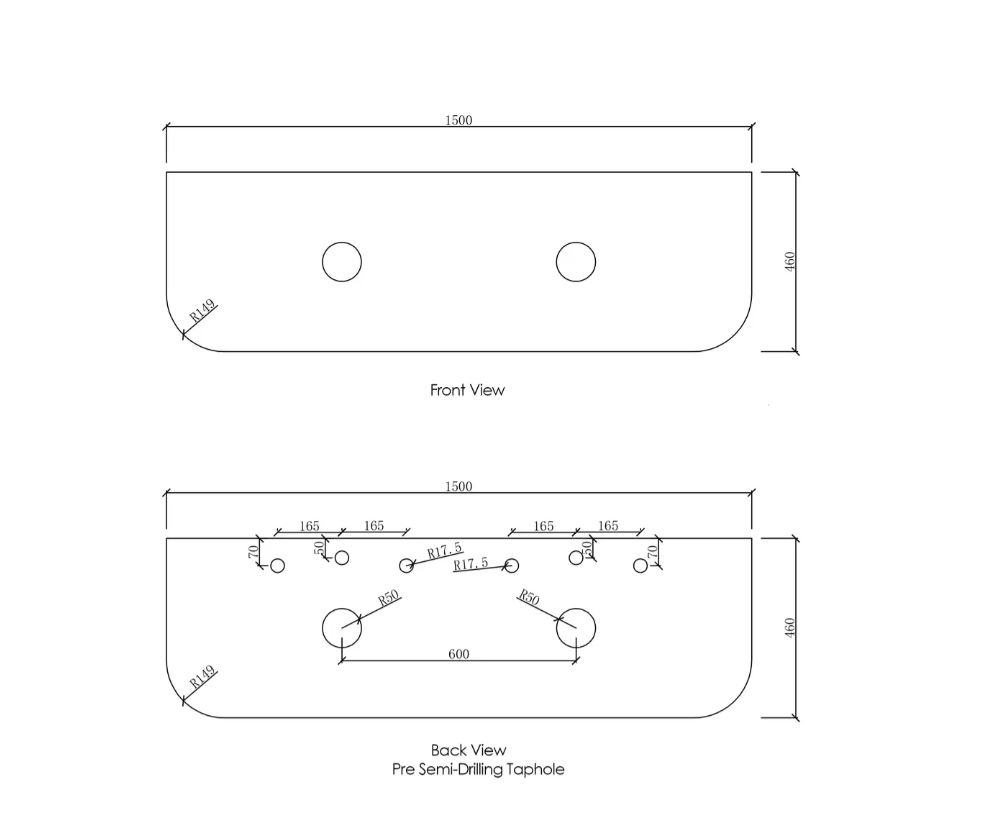 Bondi Wall Hung Fluted Vanity Curve 1500mm - White drawing taphole