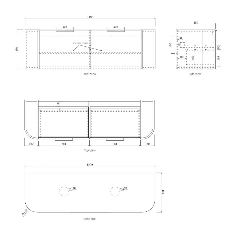 Bondi Wall Hung Fluted Vanity Curve 1500mm - White drawing