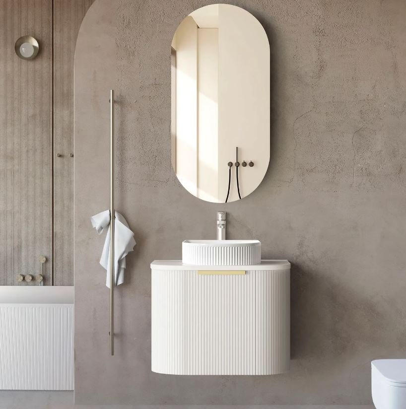 bathroom with mirror and Bondi Wall Hung Fluted Vanity Curve 600mm - White