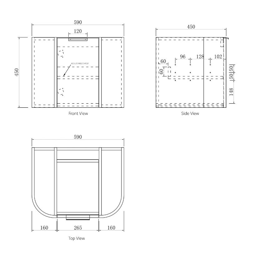 Bondi Wall Hung Fluted Vanity Curve 600mm - Woodland Oak drawing