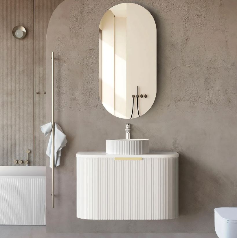 Bathroom with mirror and Bondi Wall Hung Fluted Vanity Curve 750mm - White