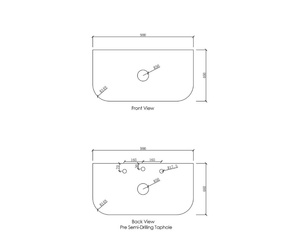Bondi Wall Hung Fluted Vanity Curve 900mm - White top drawing