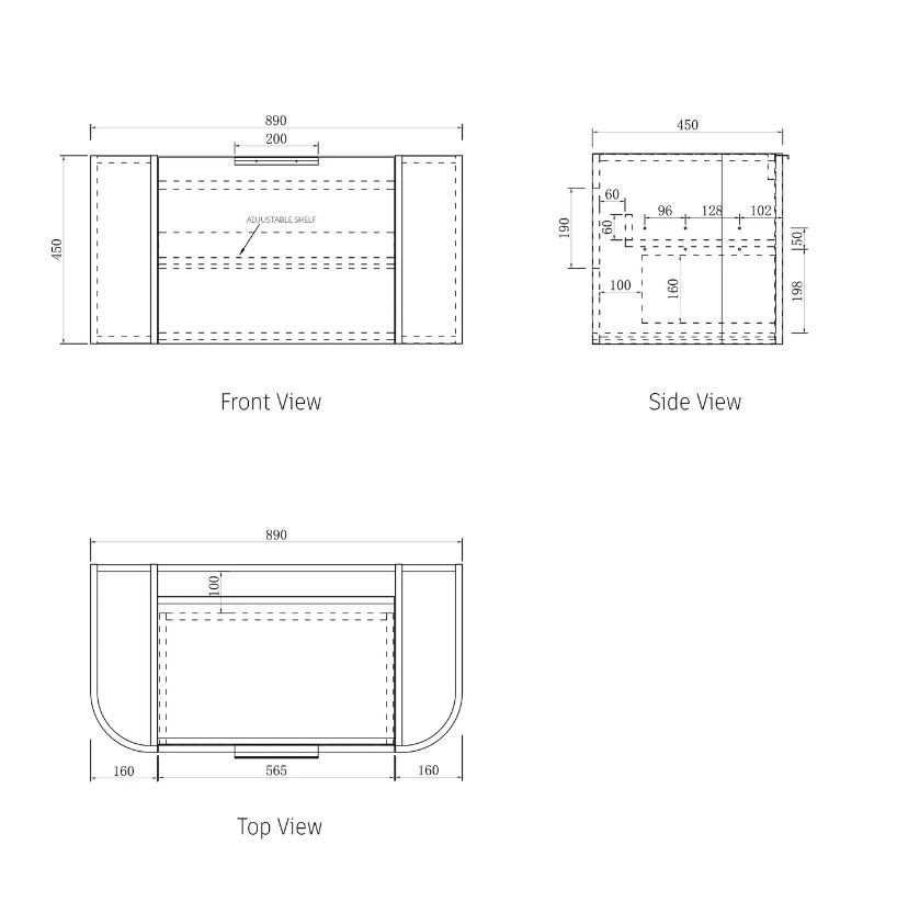 Bondi Wall Hung Fluted Vanity Curve 900mm - White drawing