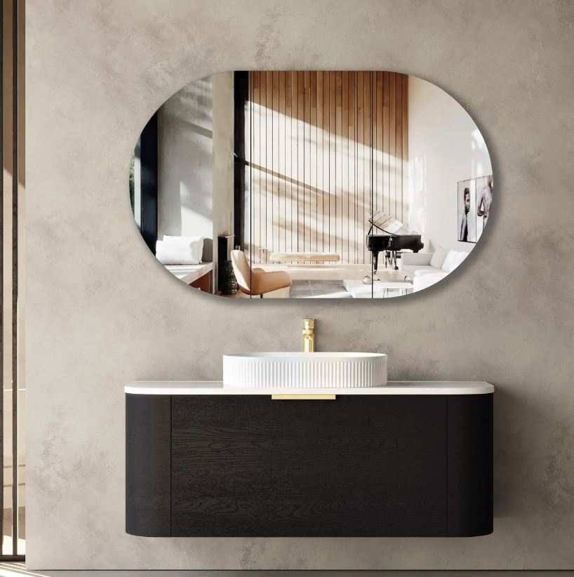 bathroom with mirror and Bondi Wall Hung Vanity Curve 1200mm - Black Oak
