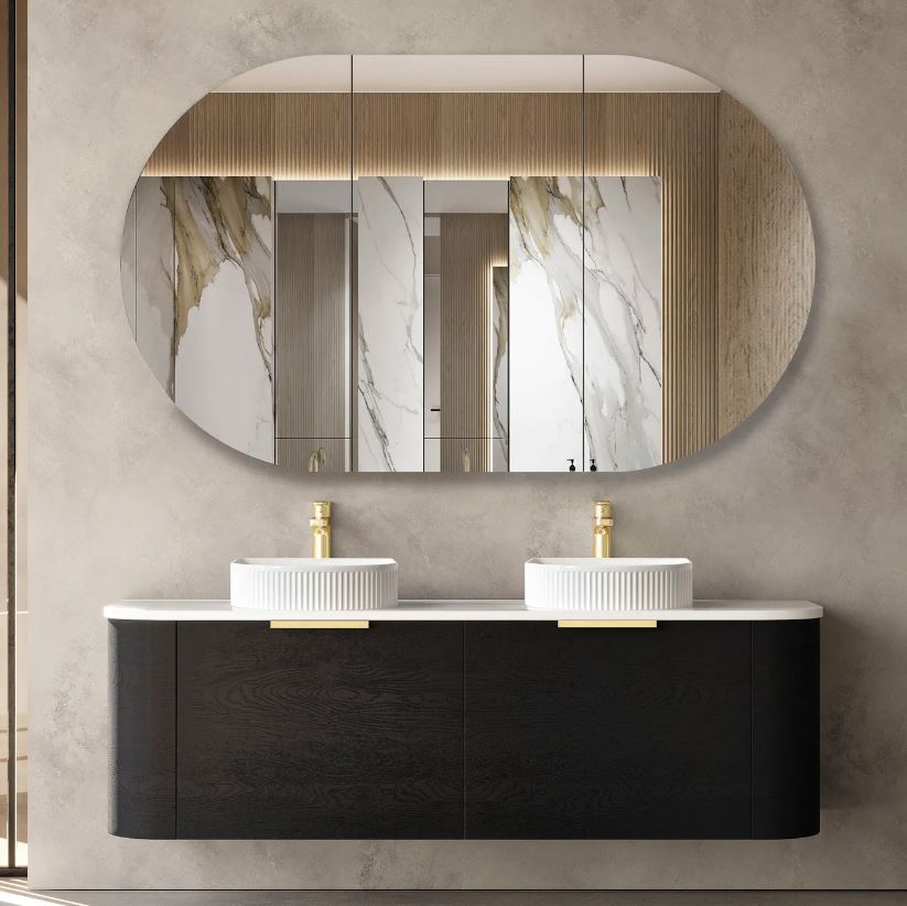 bathroom with mirror and Bondi Wall Hung Vanity Curve 1500mm - Black Oak