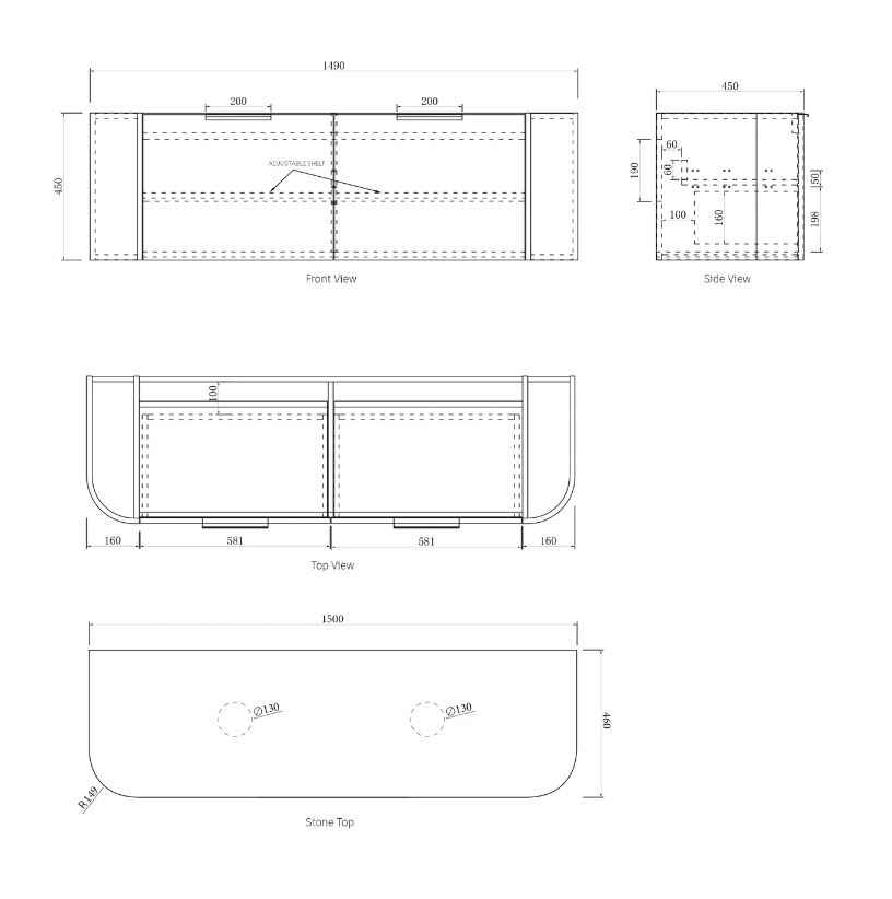 Bondi Wall Hung Vanity Curve 1500mm - Black Oak drawing