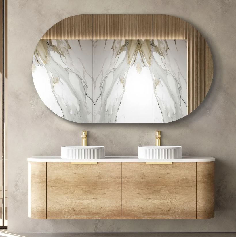 bathroom mirror and Bondi Wall Hung Vanity Curve 1500mm – Natural Oak