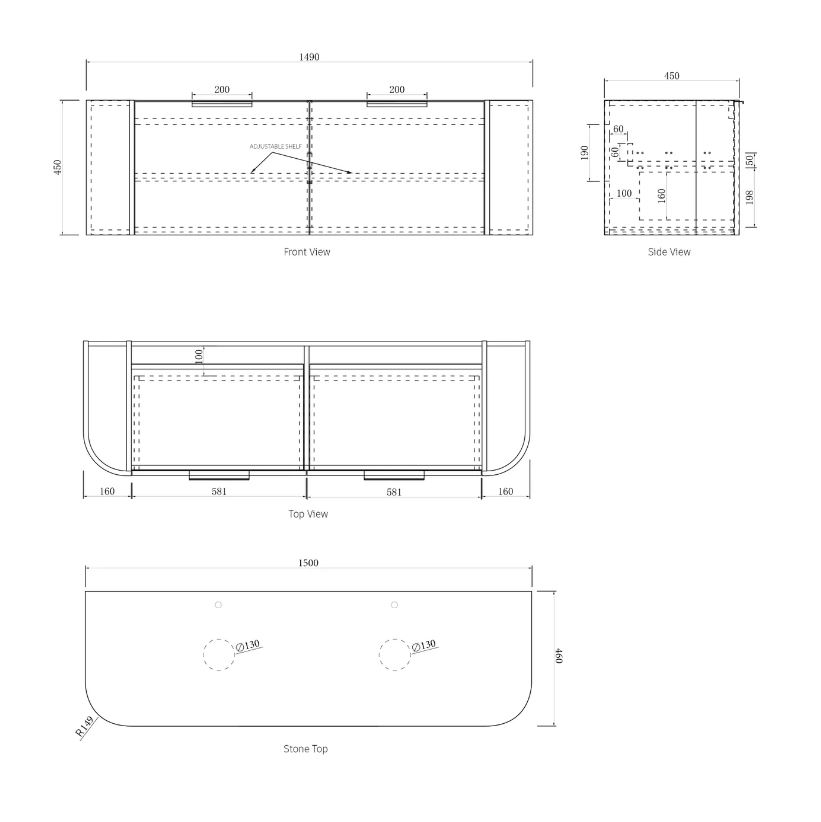 Bondi Wall Hung Vanity Curve 1500mm – Natural Oak drawing