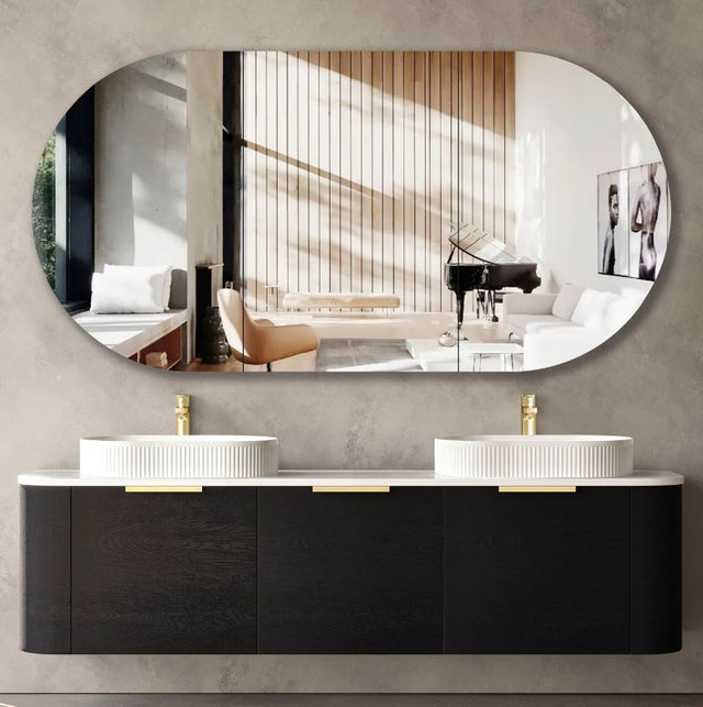 Bathroom with mounted mirror and Bondi Wall Hung Vanity Curve 1800mm – Black Oak